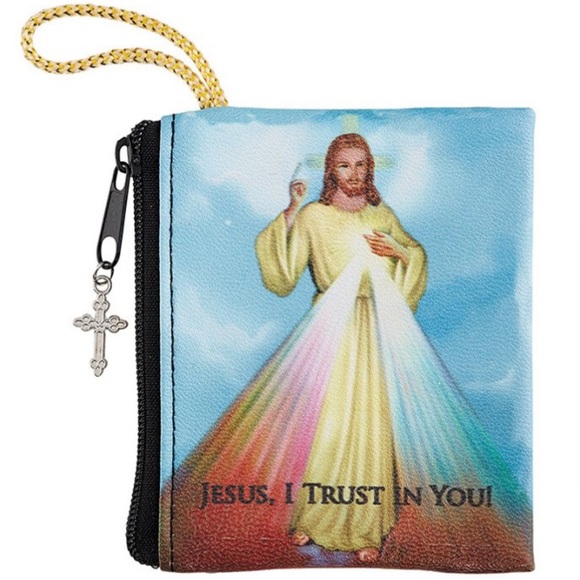 Divine Mercy Rosary pouch with zipper gold loop and cross charm - Picture 1 of 4